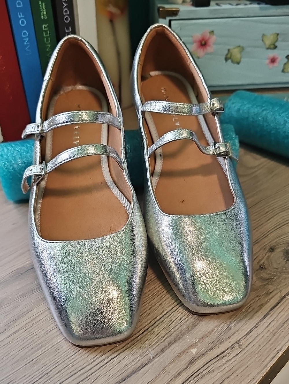 Mint Velvet Iridescent Silver Double-Strap Mary Jane Flats Size 7